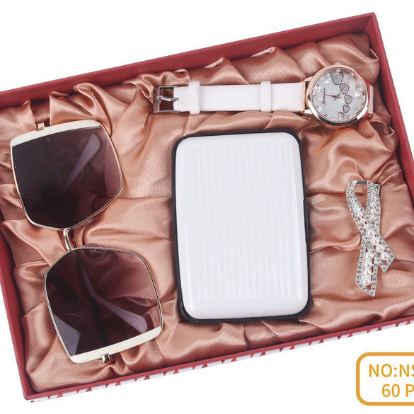 Ladies Watch Sunglasses Wallet Key Chain Set In Pu Material With Modern Simplicity Style