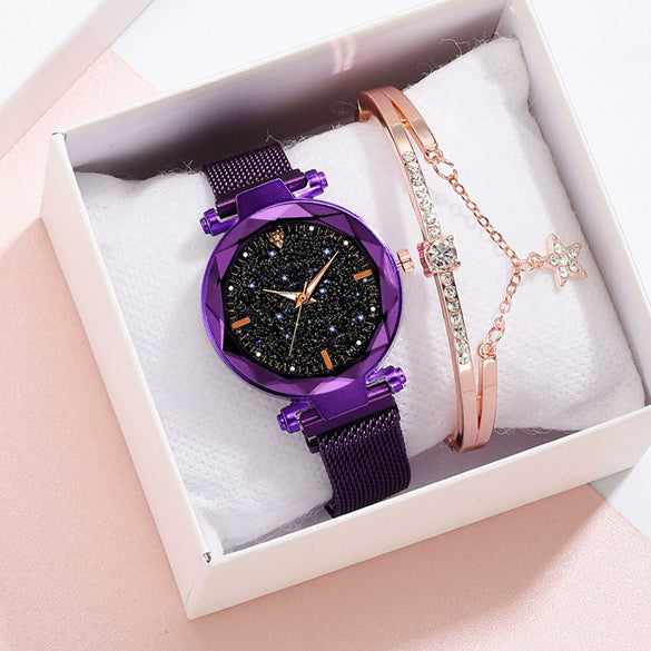 Ladies Watch Titanium Metal Magnet Buckle Glass Case Alloy Strap Round Dial Leisure Style