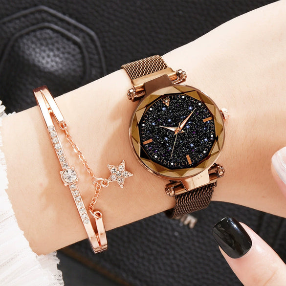 Ladies Watch Titanium Metal Magnet Buckle Glass Case Alloy Strap Round Dial Leisure Style