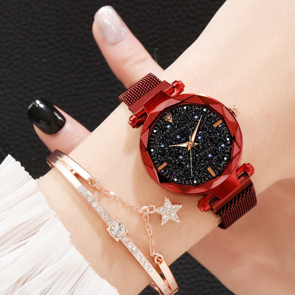 Ladies Watch Titanium Metal Magnet Buckle Glass Case Alloy Strap Round Dial Leisure Style
