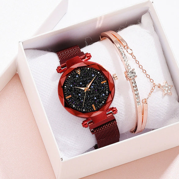 Ladies Watch Titanium Metal Magnet Buckle Glass Case Alloy Strap Round Dial Leisure Style