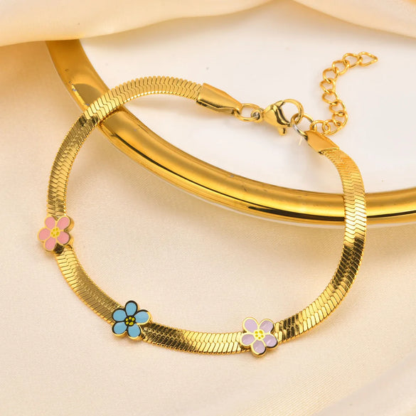 Lady Sweet Korean Style Flower Butterfly 201 Stainless Steel 18K Gold Plated Bracelets In Bulk