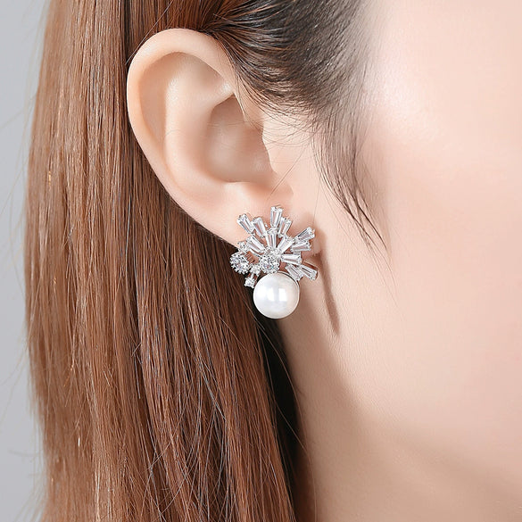 Large Geometric Copper Pearl And Zircon Drop Earrings With Electroplated Finish For Women