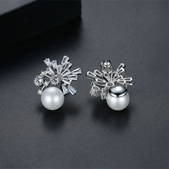 Large Geometric Copper Pearl And Zircon Drop Earrings With Electroplated Finish For Women