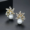 Large Geometric Copper Pearl And Zircon Drop Earrings With Electroplated Finish For Women