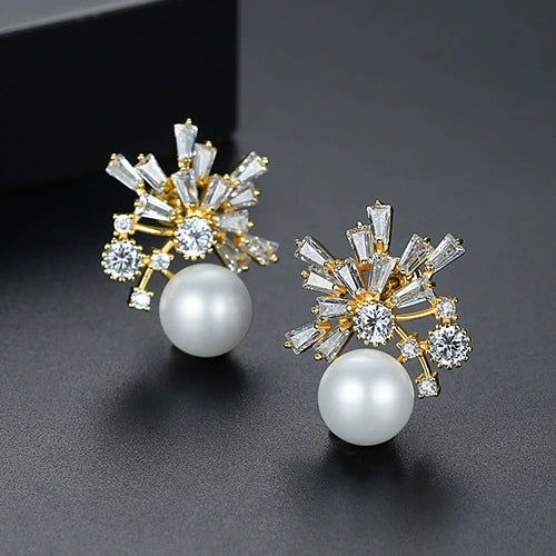Large Geometric Copper Pearl And Zircon Drop Earrings With Electroplated Finish For Women