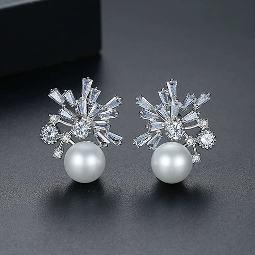 Large Geometric Copper Pearl And Zircon Drop Earrings With Electroplated Finish For Women
