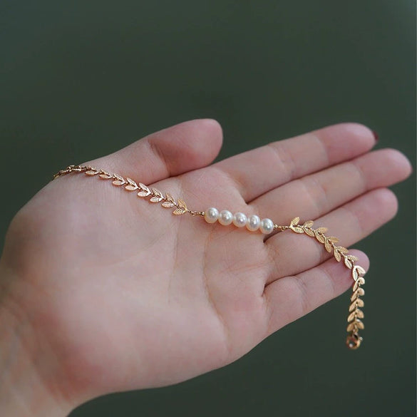Laurel Leaf Freshwater Pearl Copper Bracelet For Women Nearly Round Shape