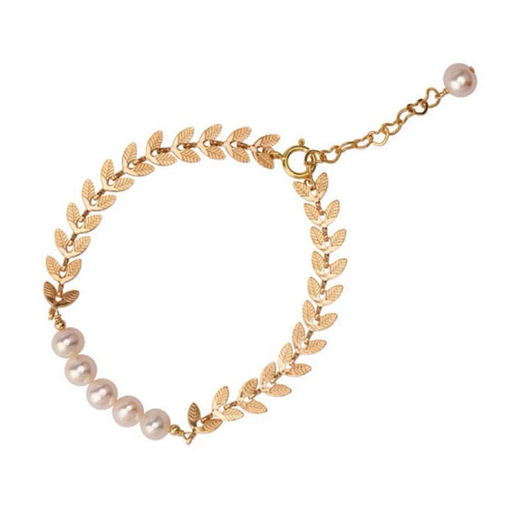 Laurel Leaf Freshwater Pearl Copper Bracelet For Women Nearly Round Shape