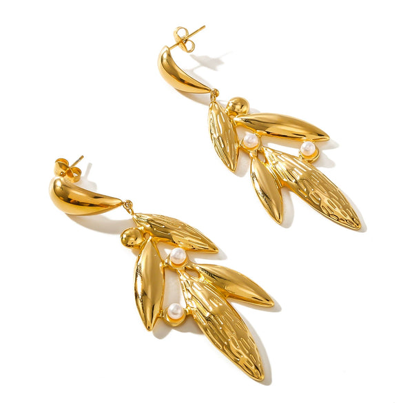 Leaf Earrings For Women Geometric Stainless Steel With Pearl Inlay And 18K Gold Plated Finish