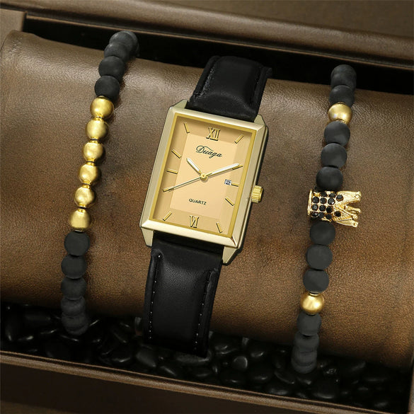 Leather Alloy Pu Stainless Steel Casual Men's Square Quartz Watch