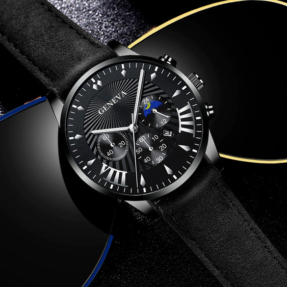 Leather And Alloy Men's Casual Quartz Belt Watch With Round Dial And Stainless Steel Pin Buckle