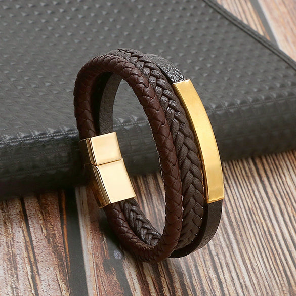Leather And Stainless Steel Handwoven Magnetic Bracelets For Men Geometric Electroplated Jewelry