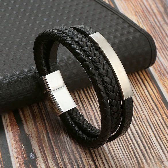 Leather And Stainless Steel Handwoven Magnetic Bracelets For Men Geometric Electroplated Jewelry