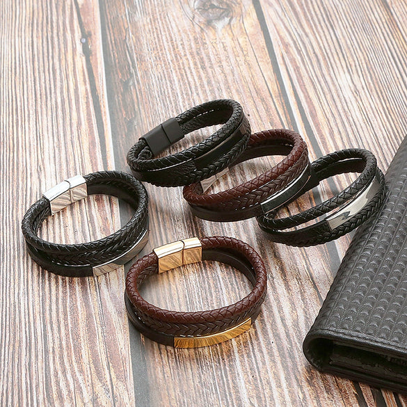 Leather And Stainless Steel Handwoven Magnetic Bracelets For Men Geometric Electroplated Jewelry
