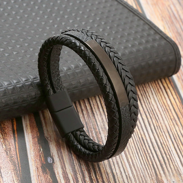 Leather And Stainless Steel Handwoven Magnetic Bracelets For Men Geometric Electroplated Jewelry