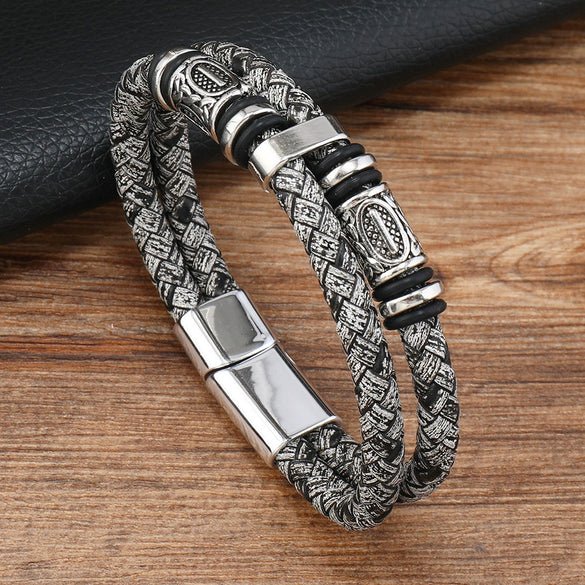 Leather Bracelet Business Geometric Style Handwoven Magnetic Buckle Men's