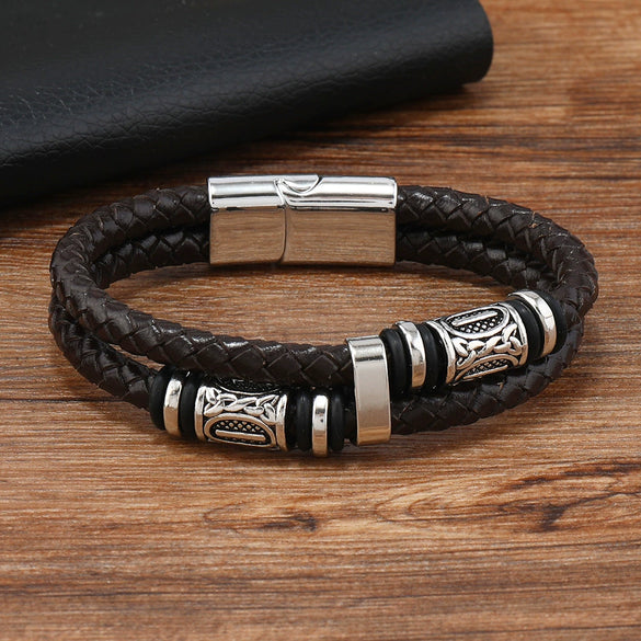 Leather Bracelet Business Geometric Style Handwoven Magnetic Buckle Men's