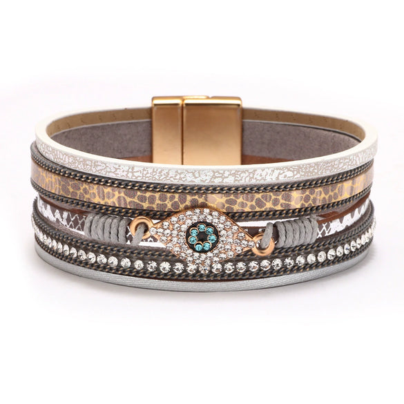 Leather Bracelet Diamondencrusted Devil's Eye Electroplated Metal