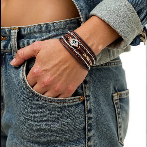 Leather Bracelet Diamondencrusted Devil's Eye Electroplated Metal