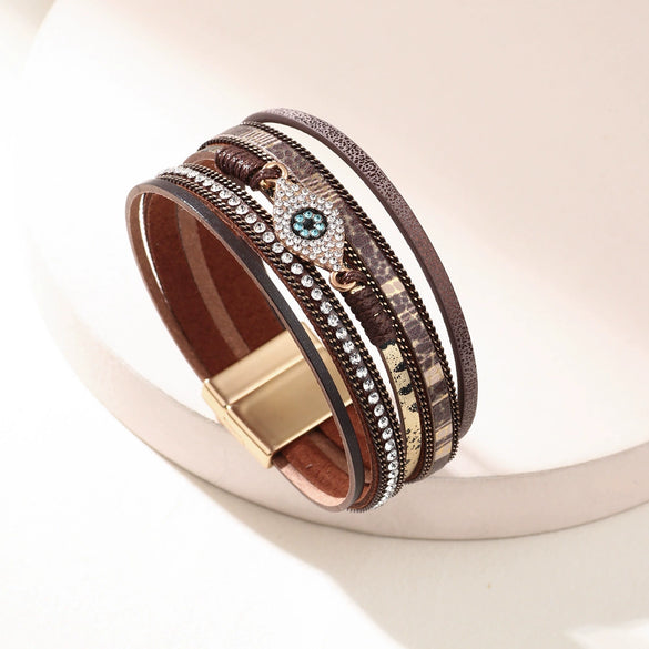 Leather Bracelet Diamondencrusted Devil's Eye Electroplated Metal