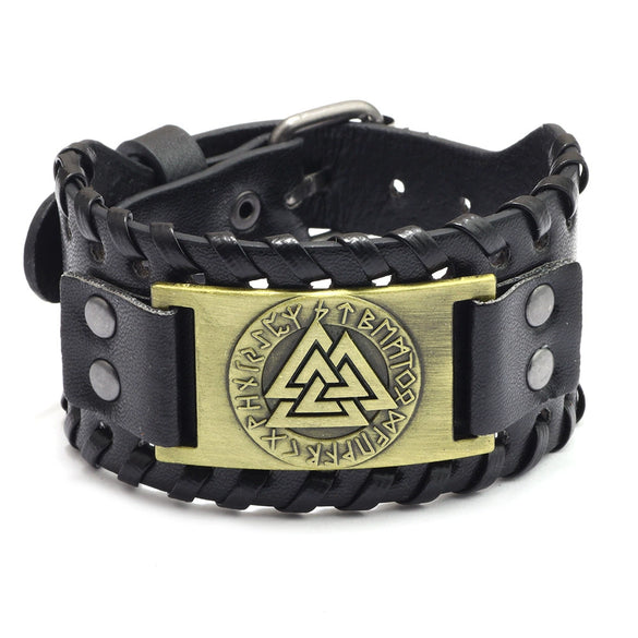 Leather Bracelet Retro Nordic Viking Totem Triangle Letter Weaving Fashion Style