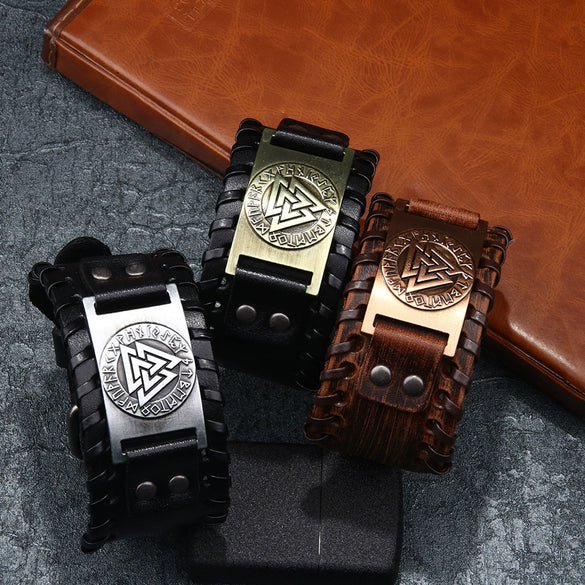 Leather Bracelet Retro Nordic Viking Totem Triangle Letter Weaving Fashion Style