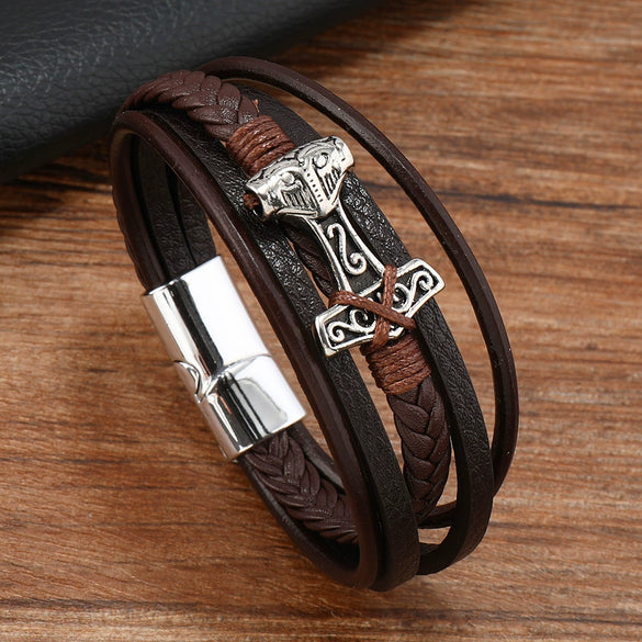 Leather Bracelet Stainless Steel Genuine Leather Woven Handmade Punk Geometric Men's Jewelry