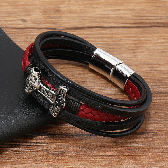 Leather Bracelet Stainless Steel Genuine Leather Woven Handmade Punk Geometric Men's Jewelry