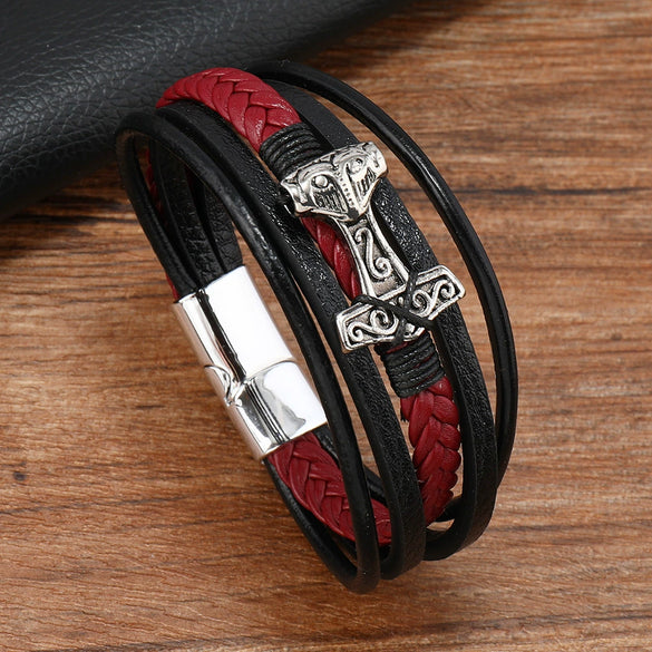 Leather Bracelet Stainless Steel Genuine Leather Woven Handmade Punk Geometric Men's Jewelry