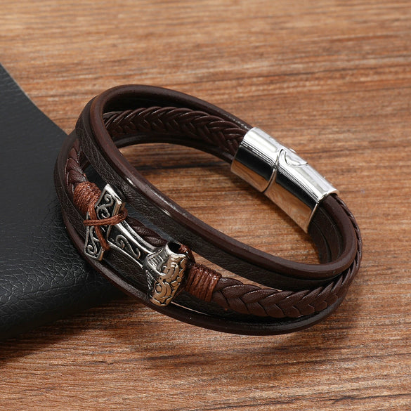Leather Bracelet Stainless Steel Genuine Leather Woven Handmade Punk Geometric Men's Jewelry