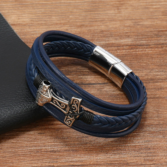 Leather Bracelet Stainless Steel Genuine Leather Woven Handmade Punk Geometric Men's Jewelry