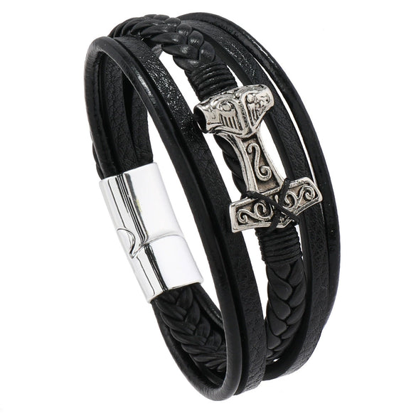 Leather Bracelet Stainless Steel Genuine Leather Woven Handmade Punk Geometric Men's Jewelry