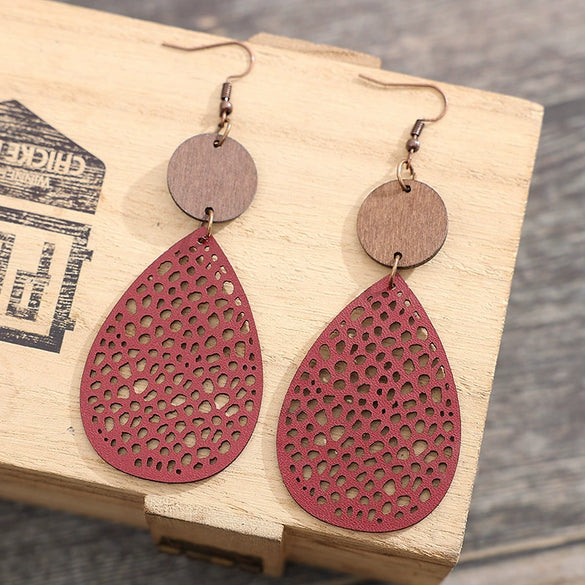 Leather Dropshaped Hollow Spider Web Stitching Earrings For Women