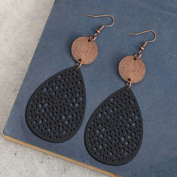 Leather Dropshaped Hollow Spider Web Stitching Earrings For Women