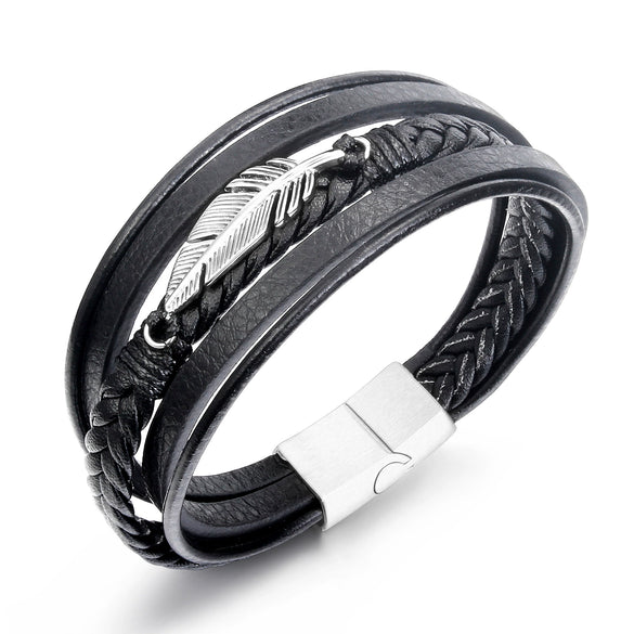 Leather Feather Multiloop Titanium Steel Electroplated Men's Bracelet