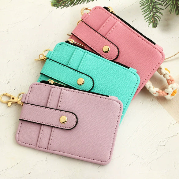 Leather Folded Vertical Zipper Card Bag Solid Color Urban Simplicity Style