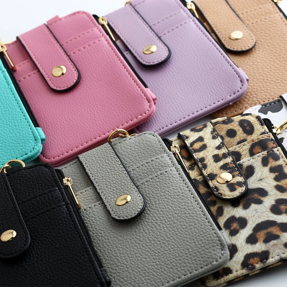 Leather Folded Vertical Zipper Card Bag Solid Color Urban Simplicity Style