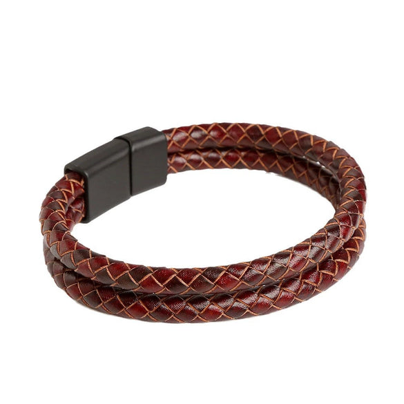 Leather Geometric Doublelayer Handwoven Magnetic Buckle Men's Bracelet