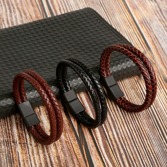Leather Geometric Doublelayer Handwoven Magnetic Buckle Men's Bracelet
