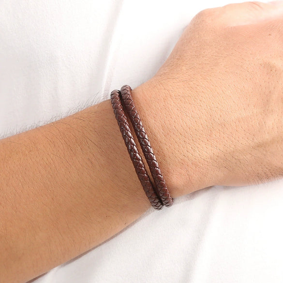 Leather Geometric Doublelayer Handwoven Magnetic Buckle Men's Bracelet