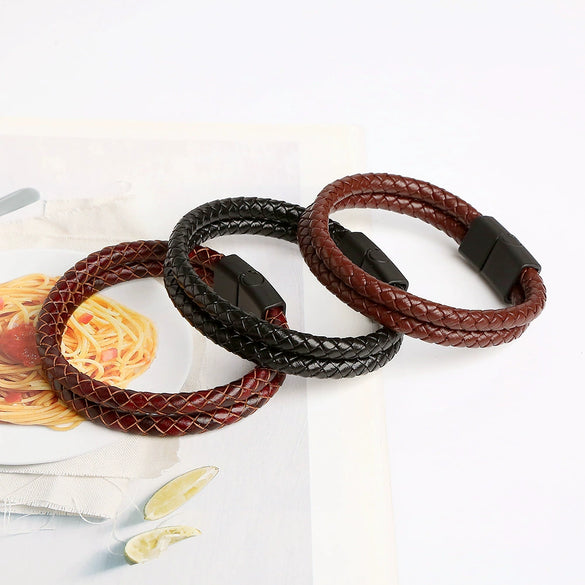 Leather Geometric Doublelayer Handwoven Magnetic Buckle Men's Bracelet