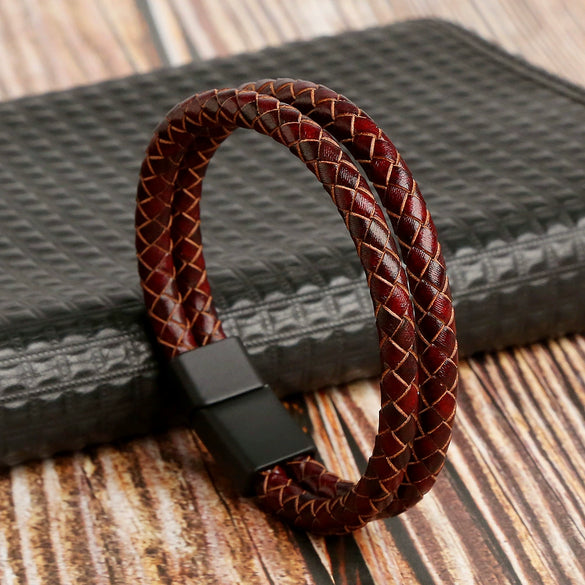 Leather Geometric Doublelayer Handwoven Magnetic Buckle Men's Bracelet