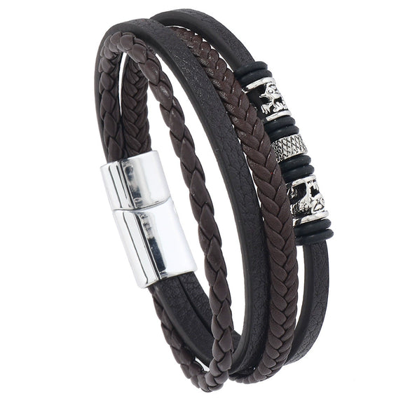 Leather Handmade Beaded Woven Bracelet With Dragon Pattern And Alloy Magnetic Buckle For Men
