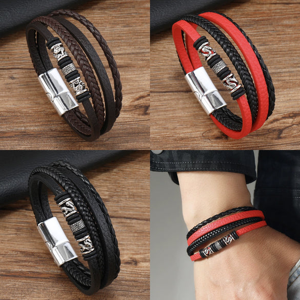 Leather Handmade Beaded Woven Bracelet With Dragon Pattern And Alloy Magnetic Buckle For Men