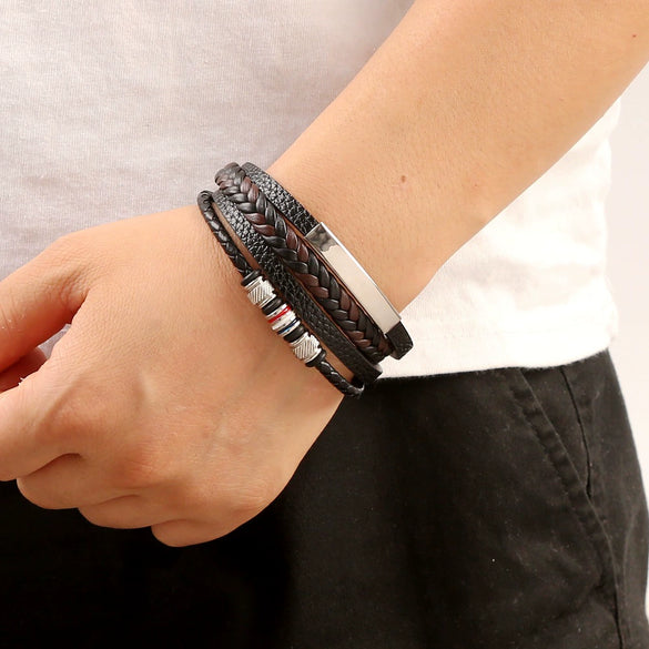 Leather Handwoven Bracelets Alloy Electroplated Geometric Buckle Jewelry For Men