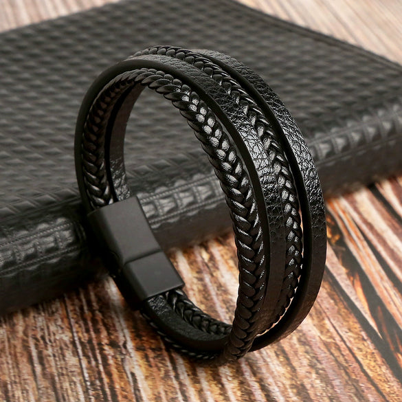 Leather Handwoven Geometric Style Bracelet With Magnet Buckle Stainless Steel Electroplated For Men