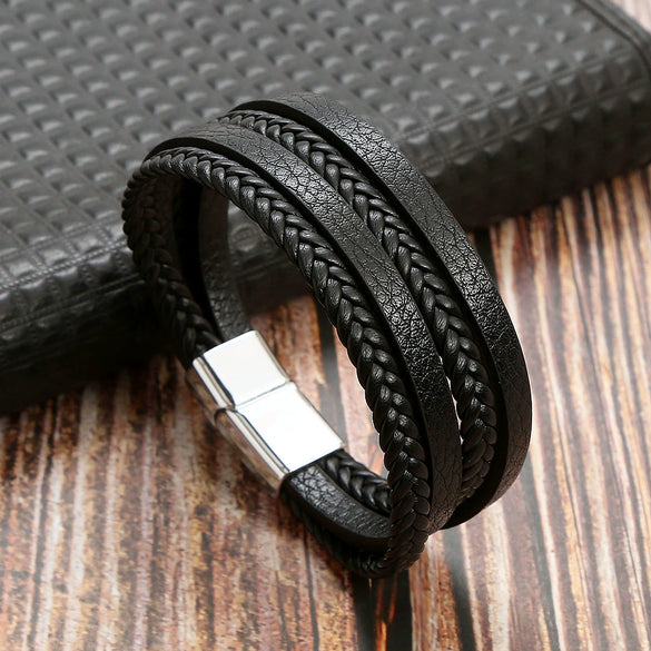 Leather Handwoven Geometric Style Bracelet With Magnet Buckle Stainless Steel Electroplated For Men