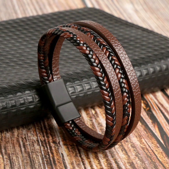 Leather Handwoven Geometric Style Bracelet With Magnet Buckle Stainless Steel Electroplated For Men