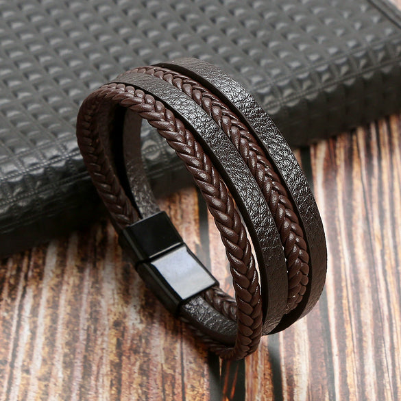 Leather Handwoven Geometric Style Bracelet With Magnet Buckle Stainless Steel Electroplated For Men
